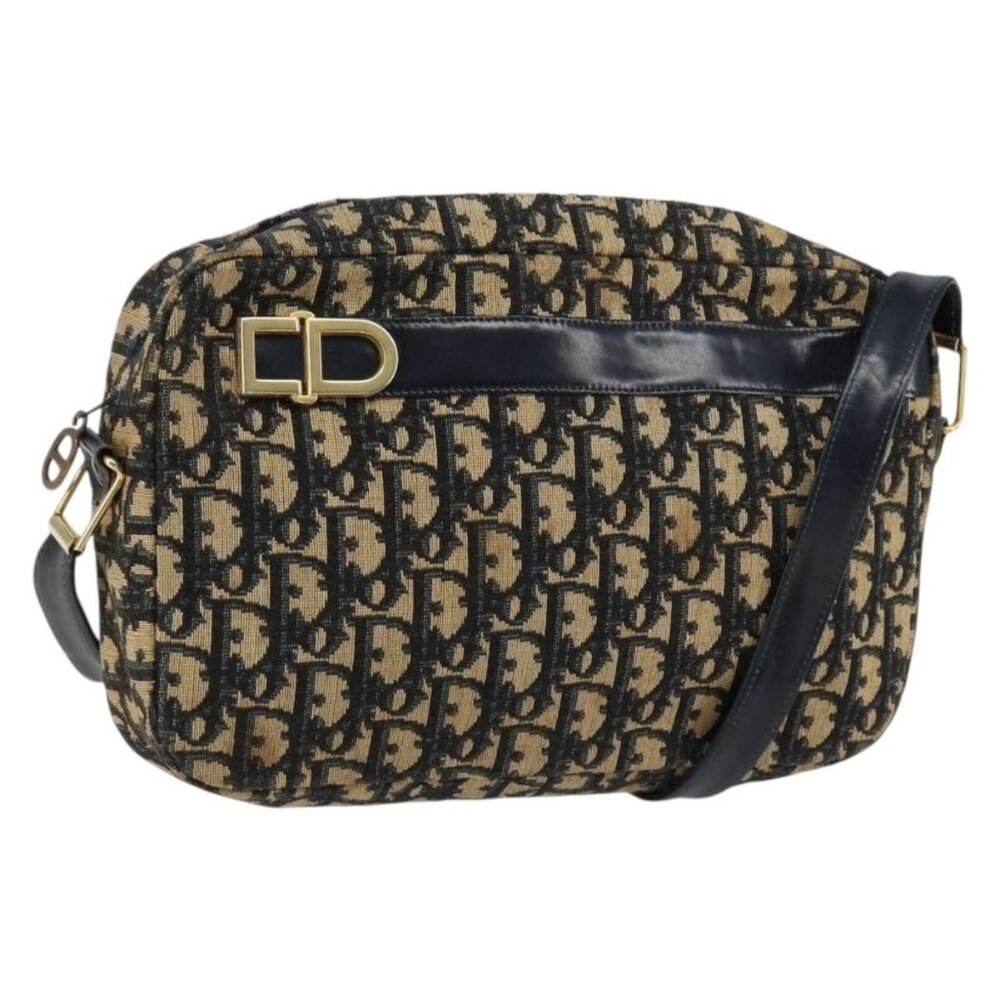 Authentic Christian Dior Trotter Canvas Shoulder Bag Navy Gold